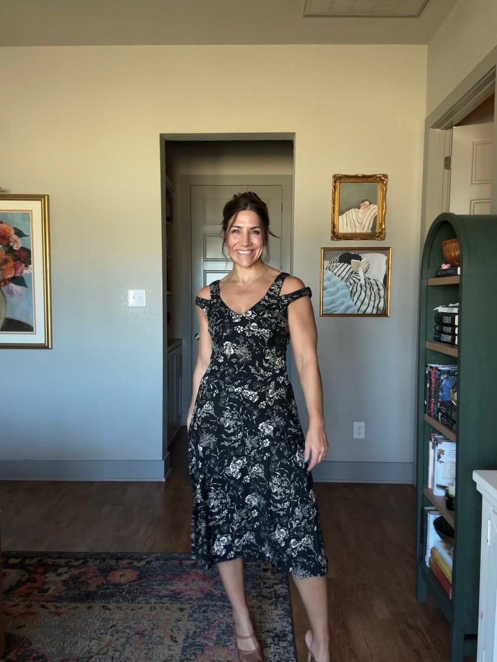 Liz Claiborne Black Floral Cotton Cold Shoulder Midi Dress 8